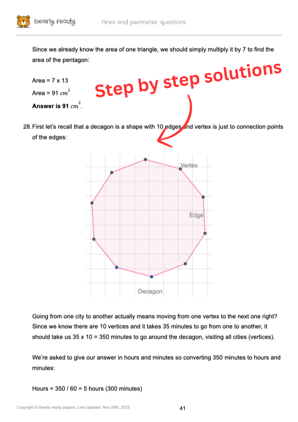 52 Area and perimeter questions with solutions for 11 plus exams. Ages 9, 10, 11