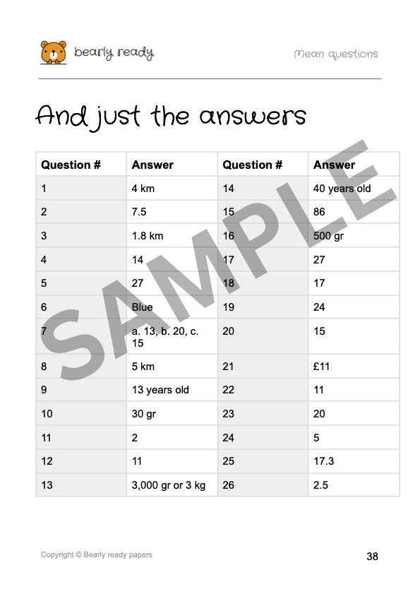 26 Mean (average) questions with solutions for 11 plus exams. Ages 9, 10, 11