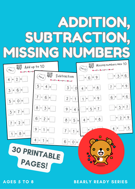30 Maths worksheets, addition, subtraction, missing numbers, printable, homeschool, teacher resources, download PDF, worksheets