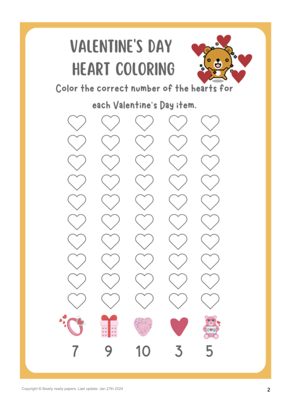 Valentine's day activities for kids - valentine's day colouring - PDF download - preschool - printable worksheets