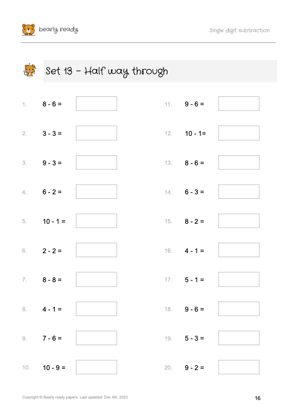 502 Single-Digit Subtraction Worksheets for Kids Age 5-8 (Printable worksheets)